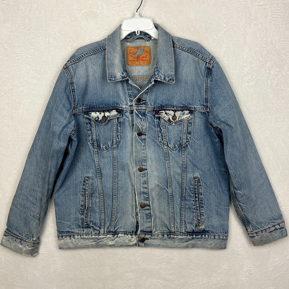 Levis Denim Trucker Jacket Mens 2XL Jean Light Blue Wash‎ 72334 Distressed Faded